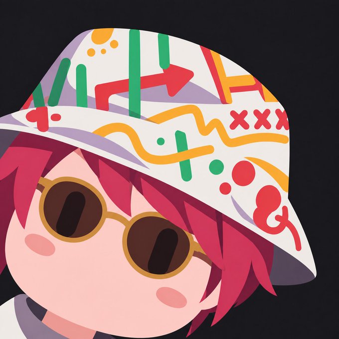 An anime-style chibi avatar featuring a character with red hair, round sunglasses, and a colorful patterned white bucket hat with green, red, and yellow designs.