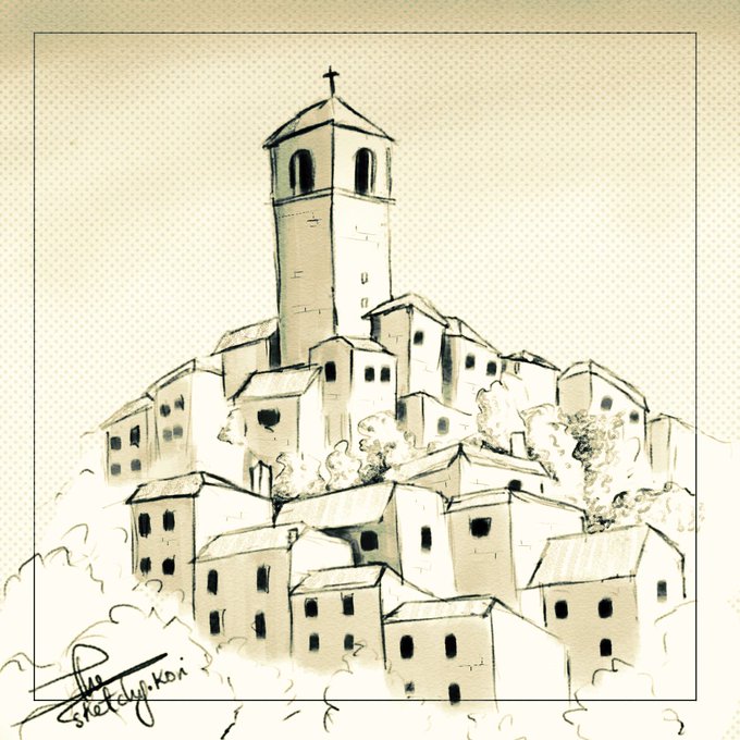 A sepia-toned digital illustration of a medieval hillside village with a prominent church tower topped with a cross, signed by the artist @shotokojjkoi.