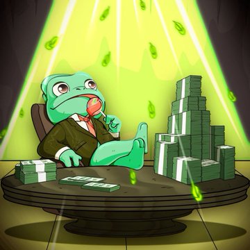A cartoon illustration of a wealthy green frog in a suit smoking a cigar and sitting at a desk, surrounded by falling dollar bills and stacks of cash.