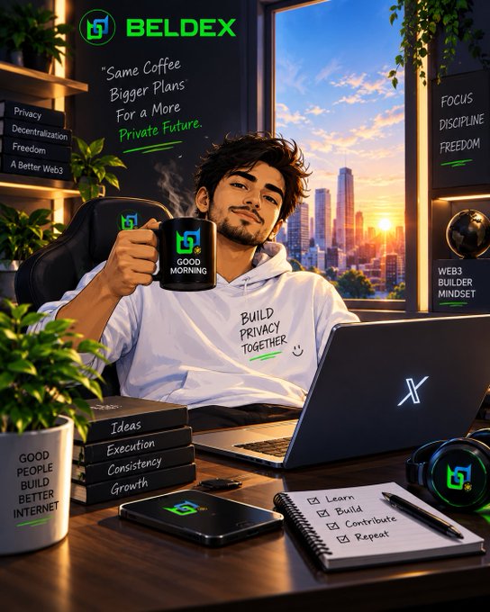 Promotional image for BELDEX showing a man holding a 'GOOD MORNING' mug wearing a hoodie that says 'BUILD PRIVACY TOY' at a desk with a laptop, with text including 'Same Coffee Bigger Plans for a More Private Future' and 'GOOD PEOPLE BUILD BETTER INTERNET'.