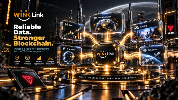A promotional graphic for 'WinLink' features the tagline 'Reliable Data. Stronger Blockchain.' and describes it as 'Trusted oracle infrastructure for the TRON ecosystem.', with a futuristic cityscape and data hubs in the background.