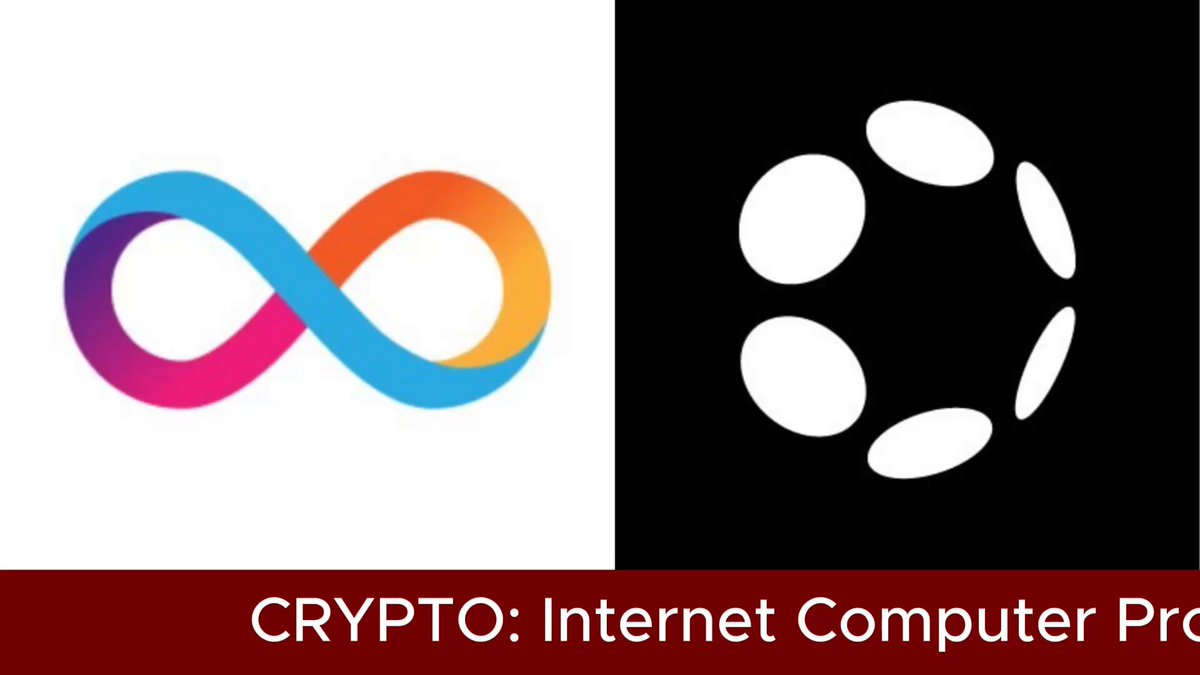 The image features a logo for Crypto: Internet Computer Pro and a logo for Polkadot: Internet Computer Pro. The Crypto logo is a colorful, circular design that includes an infinity symbol within it. The Polkadot logo is a simple white circle with five dots arranged in a ring around the center of the circle. Both logos are displayed against a gray background.