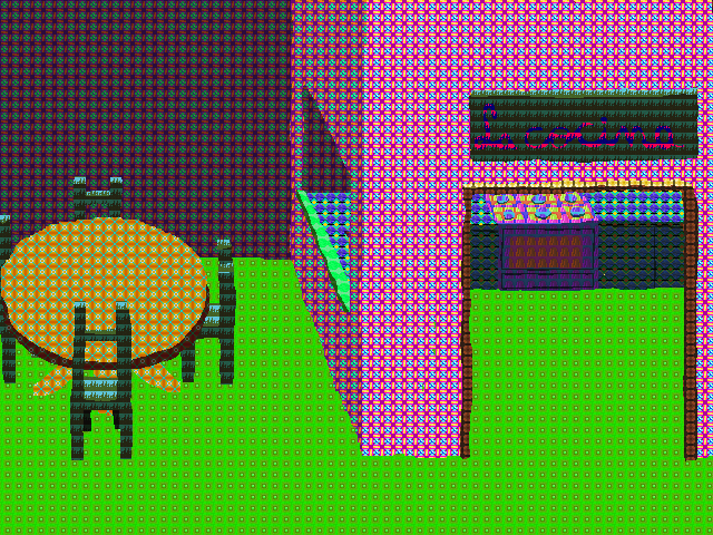 A glitchy, pixelated image with a checkerboard pattern showing an interior space with a table and chairs and a kitchen area.