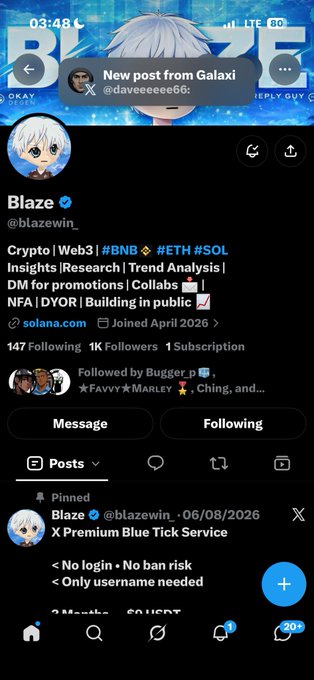 A Twitter/X profile page for "Blaze" (@blazewin) shows crypto insights with tags #BNB #ETH #SOL and a pinned post advertising "X Premium Blue Tick Service."