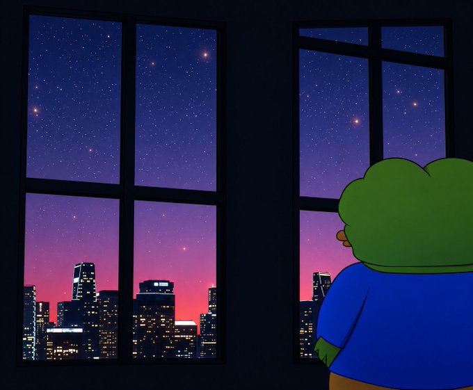 An animated illustration of a person in a blue shirt gazing out a window at a city skyline under a starry, gradient night sky.
