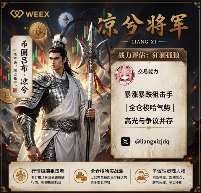 A promotional graphic for the Weex crypto exchange features a warrior character and the name 'LIANG XI' with Chinese text including '凉兮将军', set against a candlestick chart background.