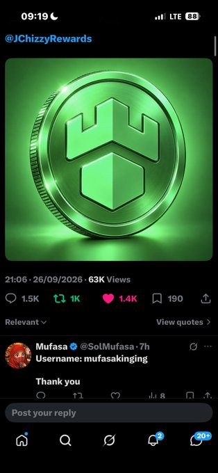 A Twitter/X post from @JChizzyRewards showing a green crypto coin, with a reply from Mufasa (@SolMufasa) saying 'Username: mufasaking Thank you'.