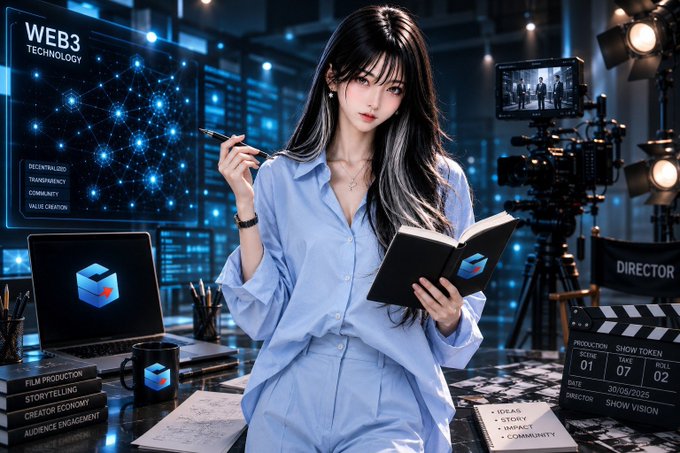 An anime-style illustration depicts a woman holding a notebook and pen in a high-tech studio setting, with visible text including 'WEB3 TECHNOLOGY,' 'DECENTRALIZED,' 'TRANSPARENCY,' 'COMMUNITY,' 'VALUE CREATION,' and 'DIRECTOR.'