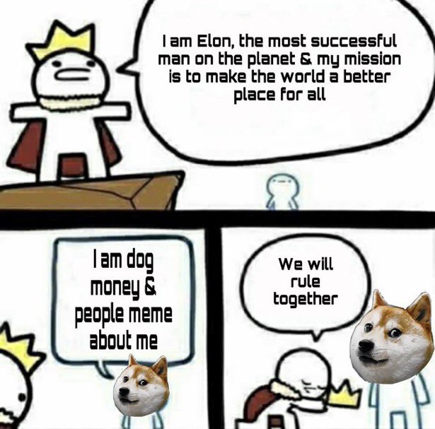 A three-panel comic featuring an Elon Musk-style character with a crown introducing himself, then meeting a Shiba Inu doge, ending with 'We will rule together'.