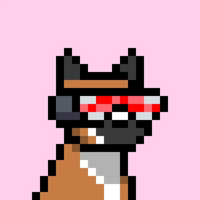 A pixel art character with a black and orange mask and red visor against a pink background.