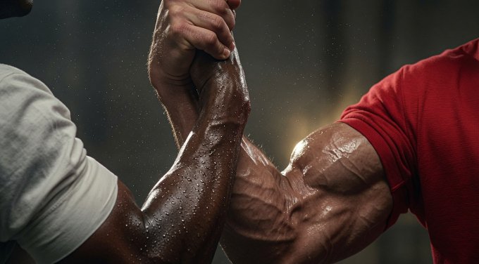 A close-up dramatic shot of two muscular arms arm-wrestling, with one person wearing a white shirt and the other wearing red, showing glistening sweat and intense physical effort.