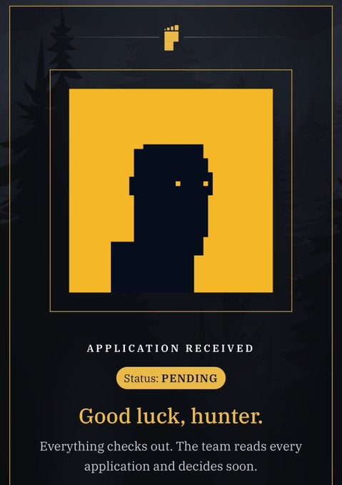 The image shows a pixelated application confirmation card for what looks like a "Hunter" program, featuring a silhouetted figure on a yellow background with text reading "APPLICATION RECEIVED," "Status: PENDING," and "Good luck, hunter." This perfectly illustrates the poster's frustration about being stuck in "pending" status while waiting for a response from @BITFOOTS_ after supporting their project.