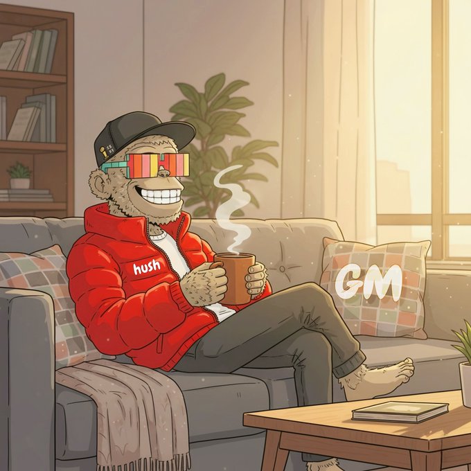 A cartoon monkey wearing a red "hush" jacket, sunglasses, and a cap lounges on a couch holding a steaming mug, with "GM" written on a nearby pillow — capturing the relaxed, friendly greeting vibe of the "GM, IF YOU REPLY IM FOLLOWING YOU" post.