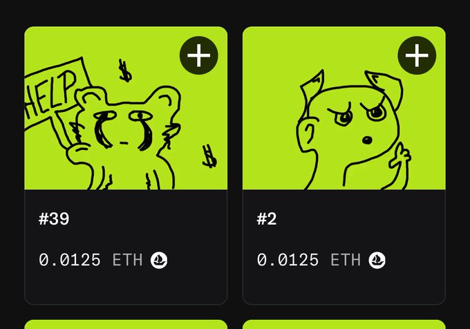 Two digital NFT artwork cards displaying simple black line-drawing illustrations on bright green backgrounds—one showing a crying bear holding a 'HELP' sign (#39), the other an angry character (#2)—each priced at 0.0125 ETH.