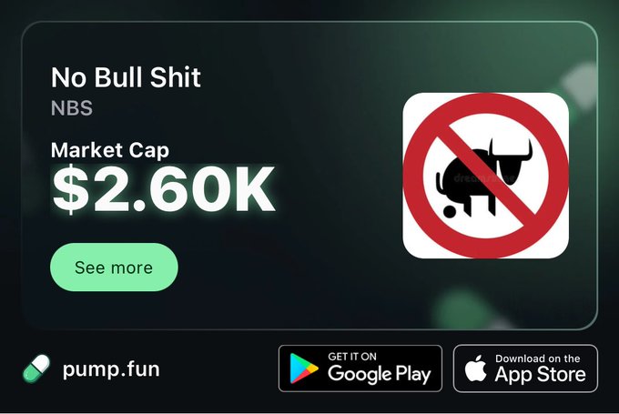 A cryptocurrency token card on pump.fun showing 'No Bull Shit' (NBS) with a market cap of $2.60K and a logo featuring a crossed-out bull.