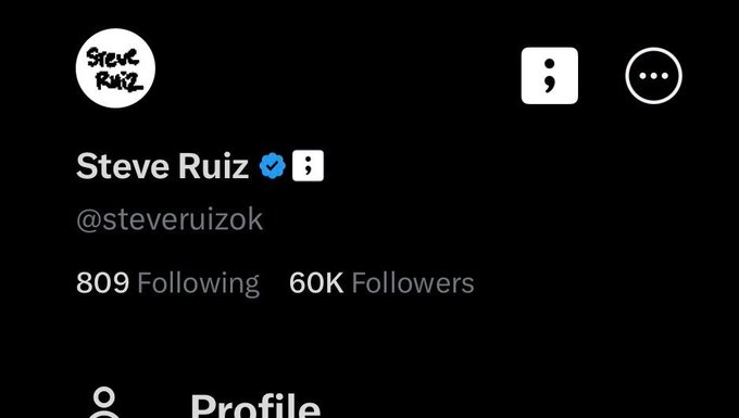 A social media profile screen for 'Steve Ruiz' (@steveruizok), showing a profile picture, a verified checkmark, '809 Following', and '60K Followers'.