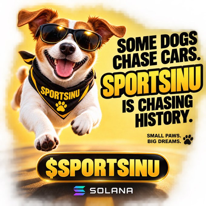 A promotional graphic for the cryptocurrency '$SPORTSINU' on the Solana blockchain, featuring a Jack Russell Terrier wearing sunglasses and a bandana, with the tagline 'Some dogs chase cars. Sportsinu is chasing history. Small paws. Big dreams.'