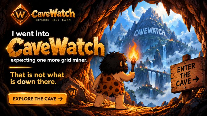 A promotional banner for "CaveWatch" cryptocurrency mining platform, featuring a caveman character looking out at a mountain landscape with text "I went into CaveWatch expecting one more grid miner. That is not what is down there."