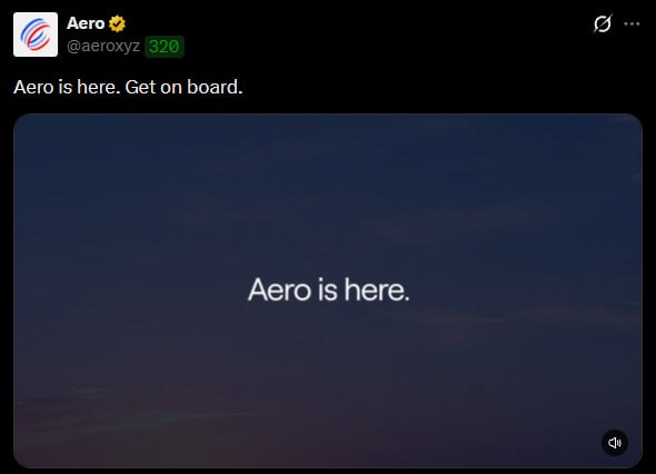 A screenshot of a post by verified user “Aero” (@aeroxyz), showing “320” next to the handle and the text, “Aero is here. Get on board.” The embedded dark video frame repeats “Aero is here,” while the accompanying post explains that Aerodrome and Velodrome are merging into Aero and introducing cross-chain trading, Metaswaps, and Slipstream V3 dynamic fees.