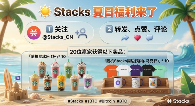 A promotional graphic for 'Stacks' featuring Chinese text '夏日福利来了' (Summer benefits are here), showing Starbucks drinks, t-shirts, and mugs as prizes for following @Stacks_CN and engaging on social media, with hashtags #Stacks #sBTC #Bitcoin #BTC.