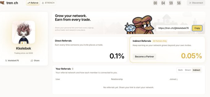 A screenshot of a referral page on tren.ch for user 'Kkelebek76', showing direct referrals earning 0.1% and indirect referrals earning 0.05% commission.