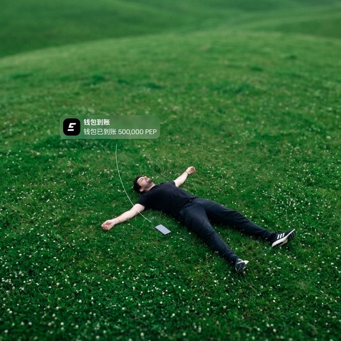 A person lying in a grassy field with a smartphone beside them, showing a notification overlay reading '钱包到账 钱包已到账 500,000 PEP' in Chinese.