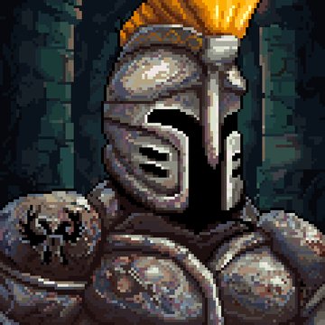 Pixel art of an armored knight in a closed, visored helmet with a yellow plume, set against a dark green background.