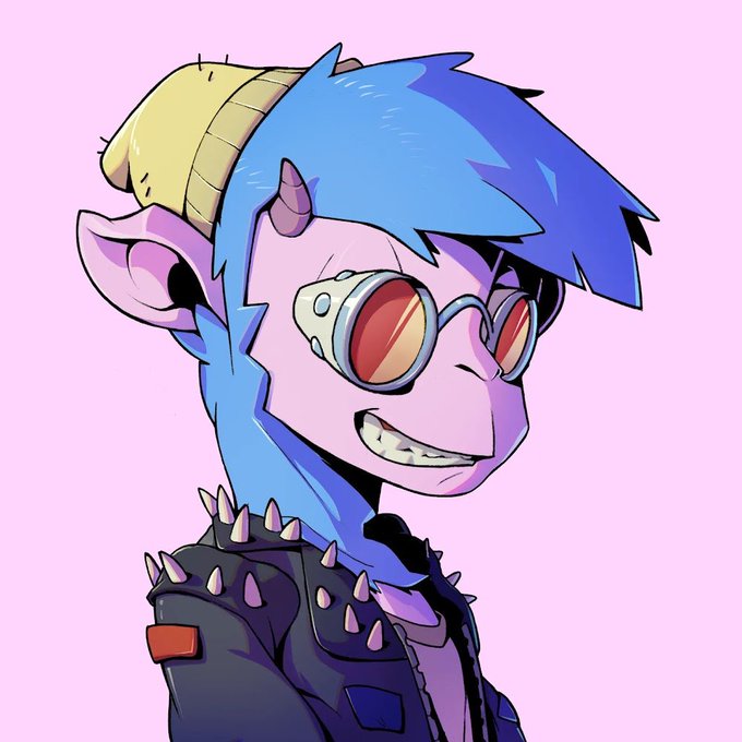 An animated cartoon character with blue hair, a yellow beanie, pointed ears, small horns, and orange-tinted goggles grins widely while wearing a spiked black jacket against a pink background.