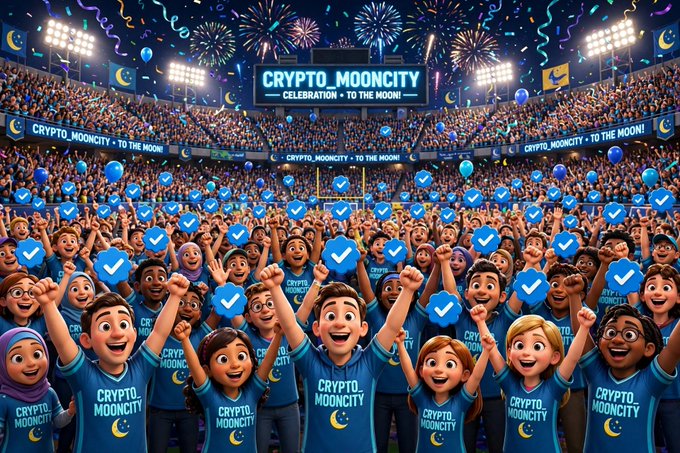 A cartoon illustration depicts a massive, cheering stadium crowd wearing "CRYPTO_MOONCITY" shirts and holding blue checkmark balloons under a sky filled with fireworks.