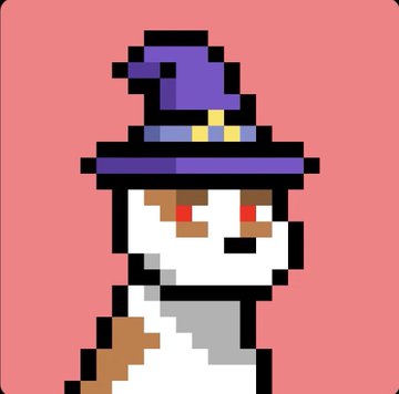 A pixel art illustration of a character with red eyes wearing a purple witch hat and white clothing against a pink background.