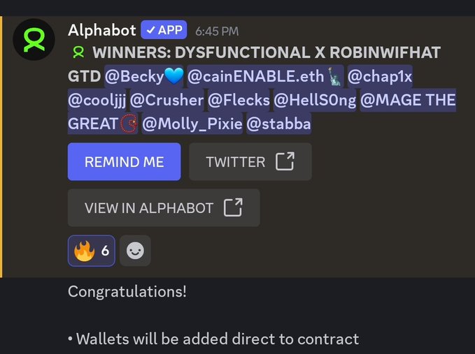 Discord screenshot from Alphabot announcing winners of a giveaway with names including 'DYSFUNCTIONAL X ROBINIFHAT' and listing tagged usernames like @Becky, @cainENABLE.eth, and @chap1x, with options to remind or view in Twitter/Alphabot.