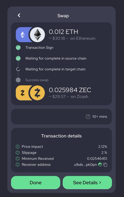 A dark-themed Rubic Exchange mobile interface displays an in-progress swap of 0.012 ETH (~$30.18) on Ethereum for 0.025984 ZEC (~$29.57) on Zcash, with transaction stages showing completed signing and source chain confirmation while waiting for target chain completion and final swap success. The 2.12% price impact and 2% slippage details illustrate a cross-chain bridge method for depositing funds onto the Zcash network as referenced in the tutorial.