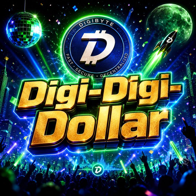A vibrant, neon-colored promotional graphic for 'Digi-Digi-Dollar' featuring the Digibyte cryptocurrency logo, a disco ball, rocket, and a cheering crowd.