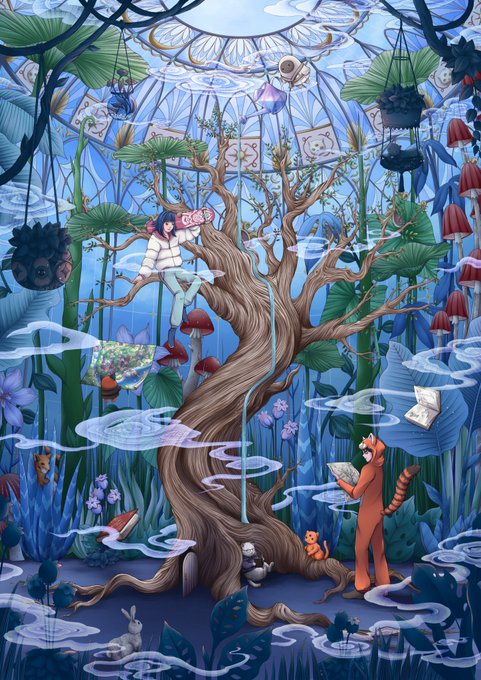 A whimsical, detailed illustration of a magical greenhouse or conservatory filled with lush plants, large mushrooms, and mystical creatures, featuring a person in a red suit reading a book and a child climbing a tree.