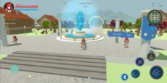 A screenshot from a 3D mobile MMORPG titled "Linden Town" in "Sky 3/4," featuring the player character "Shir" alongside NPCs near a central blue crystal fountain.