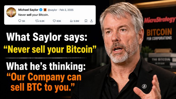 The image features a man wearing a black suit, with his hand raised as if he's giving a speech or making a gesture. The background of the image shows a sign that says "MicroStrategy" along with an image of a Bitcoin symbol. Below this image is a post on Twitter from Michael Saylor, who has written: ""What Saylor Says: Never sell your Bitcoin," @saylor said. Not "our company will never sell Bitcoin."". The text in the post seems to be related to the man's speech or gesture and his statement about Bitcoin.