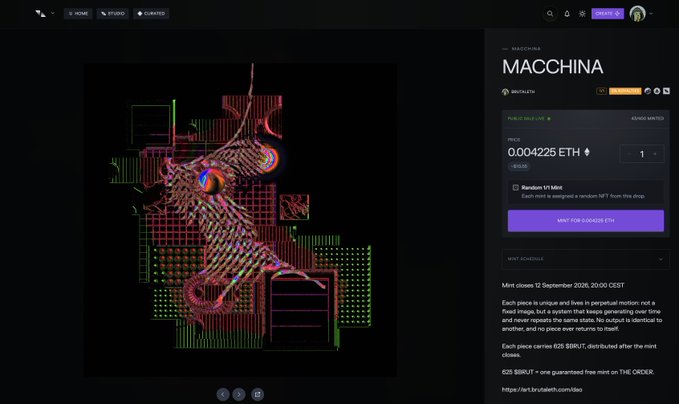 A screenshot of an NFT marketplace page titled 'MACCINA' displays a digital artwork of a glitching, pixelated entity on the left, with minting details on the right including the price '0.004225 ETH' and text explaining each piece is unique, with the mint closing on '12 September 2026, 20:00 CEST'.