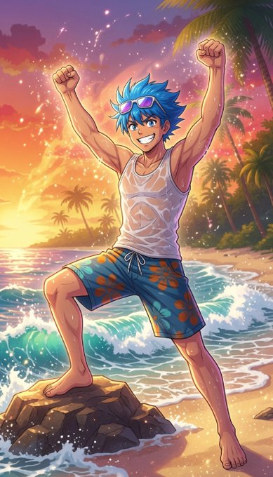 An anime-style character with blue hair triumphantly poses on a beach rock at sunset, arms raised in a celebratory stance—visually echoing the post's enthusiastic endorsement of CNPY Network and Quip Network's decentralized innovations. The vibrant, victorious scene mirrors the bullish sentiment behind highlighting projects that empower builders and repurpose idle hardware.