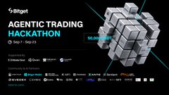 A promotional banner for the Bitget Agentic Trading Hackathon running September 7-29, showing $50,000 in prize money alongside a 3D dollar sign structure.