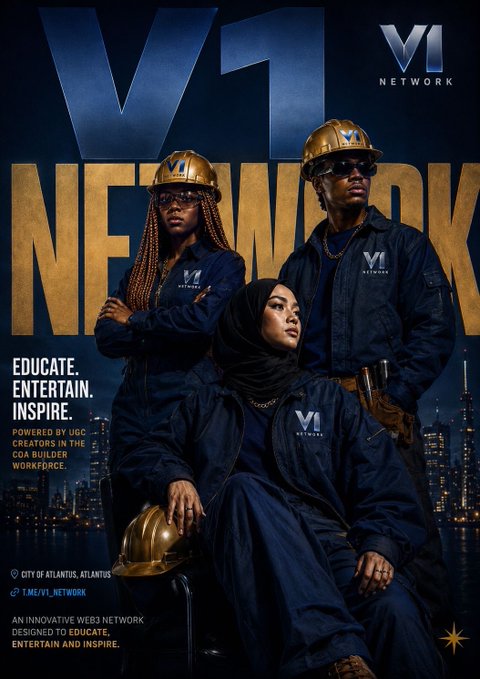 A stylized poster for 'V1 NETWORK' featuring three individuals in blue work uniforms and hard hats, with the text 'EDUCATE. ENTERTAIN. INSPIRE.' and 'POWERED BY UGC CREATORS IN THE COA BUILDER WORKFORCE.'