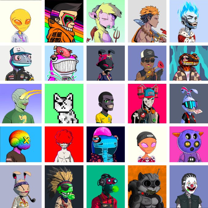 A grid of twenty-five colorful, stylized cartoon avatars featuring diverse characters, animals, and creatures against various solid backgrounds.