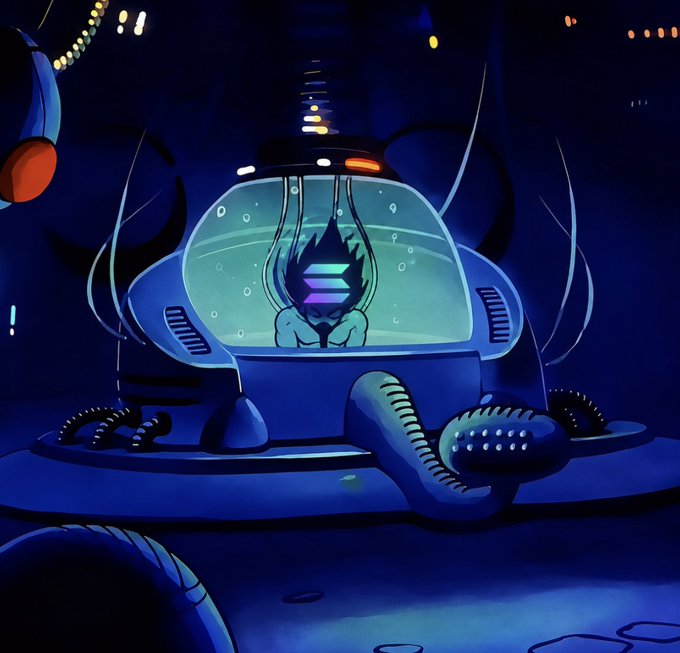 A digital illustration of a character in a transparent dome-shaped helmet or tank, featuring a Solana logo on their face, set in a dark blue sci-fi environment.