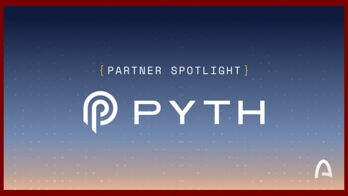 The image displays a "PARTNER SPOTLIGHT" graphic featuring the Pyth logo (with a distinctive "P" symbol) against a dark blue dotted background with red borders, visually reinforcing the post's announcement about Pyth's integration providing real-time, high-frequency market data on the Arc network for pricing-sensitive applications.