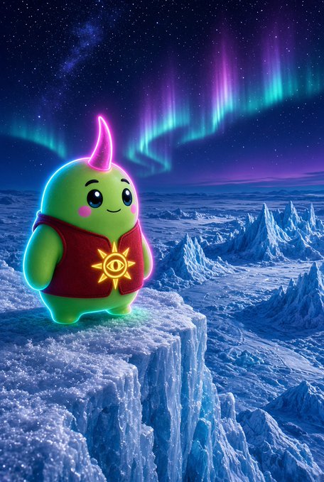 A digital artwork of a cute green blob-like creature with a pink horn, wearing a maroon vest with a glowing yellow eye emblem, standing on an icy cliff under the aurora borealis.