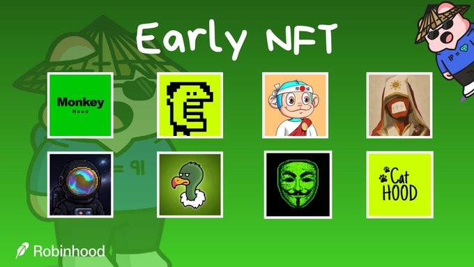 A Robinhood promotional graphic titled 'Early NFT' showcasing eight early NFT collections, including 'Monkey Head', a pixel art 'C', a cartoon character, a person in a cap, an astronaut, a vulture, a V for Vendetta mask, and 'Cat HOOD'.