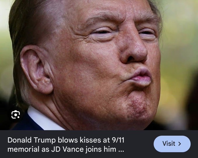 A news article thumbnail showing Donald Trump blowing a kiss, with the headline 'Donald Trump blows kisses at 9/11 memorial as JD Vance joins him ...'