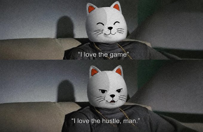 A two-panel meme featuring a person wearing a white cat mask, with captions reading 'I love the game' (smiling) and 'I love the hustle, man.' (angry).