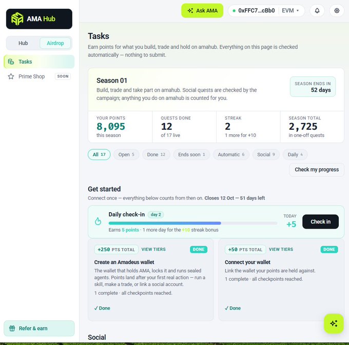 A screenshot of an 'AMA Hub' website displaying a 'Tasks' page with stats like '8,095 YOUR POINTS', '12 QUESTS DONE', and a 'Daily check-in' section.