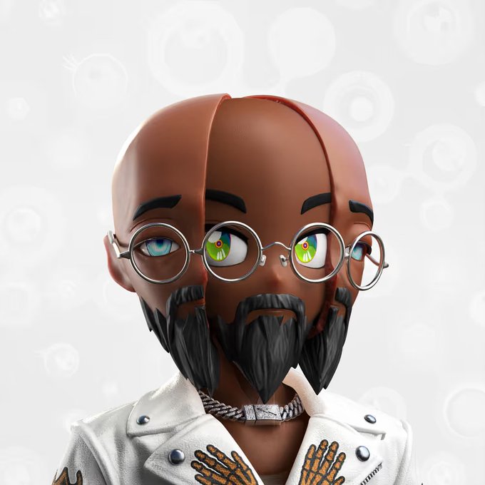 A 3D-rendered avatar of a bald man with a beard, round glasses, heterochromia (one blue, one green eye), and a nose ring, wearing a white outfit with gold chain details.