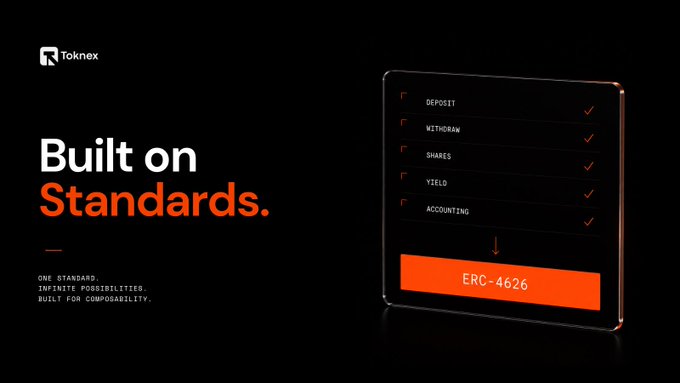 A promotional graphic for Toknex cryptocurrency platform with the text 'Built on Standards', listing features like deposit, withdraw, shares, yield, and accounting, highlighting the ERC-4626 token standard.